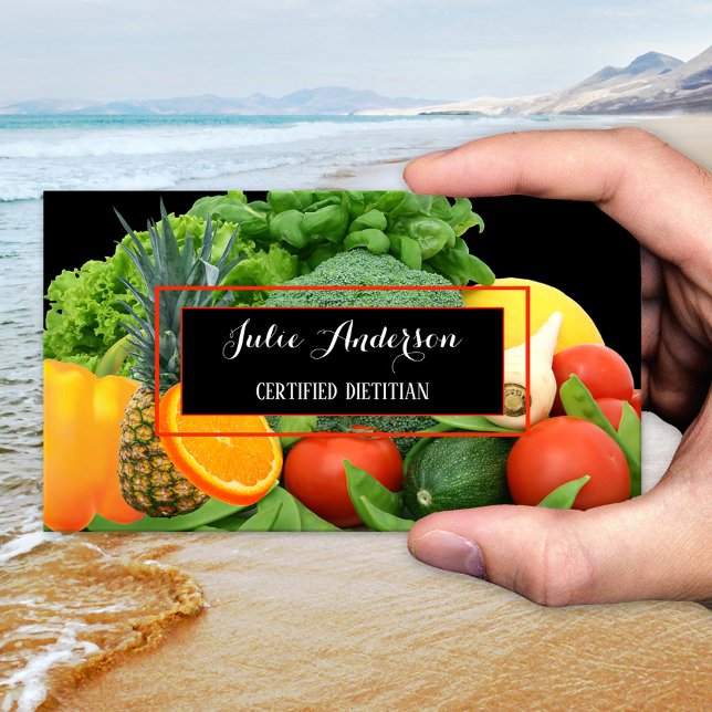 Dietician Nutritionist Fresh Food Business Card (Business card for a nutritional therapist or professional dietitian showing fresh fruits + vegetable)