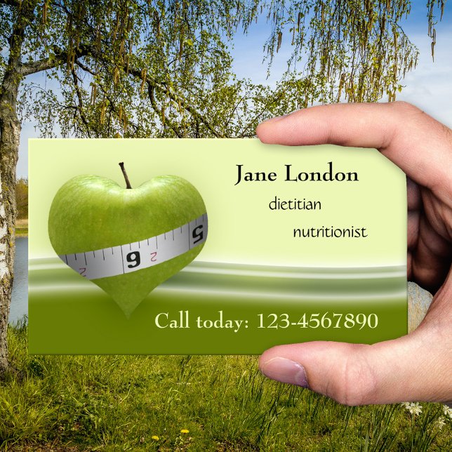 Dietician Nutritionist Green Heart Business Card (Business card for a nutritionist or dietitian showing an apple in heart shape with a measuring tape)