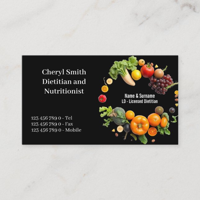 Dietitian Nutritionist fruit vegetable color photo Business Card (Front)