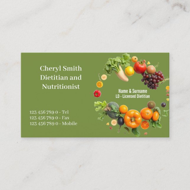 Dietitian Nutritionist fruit vegetable green DIY Business Card (Front)