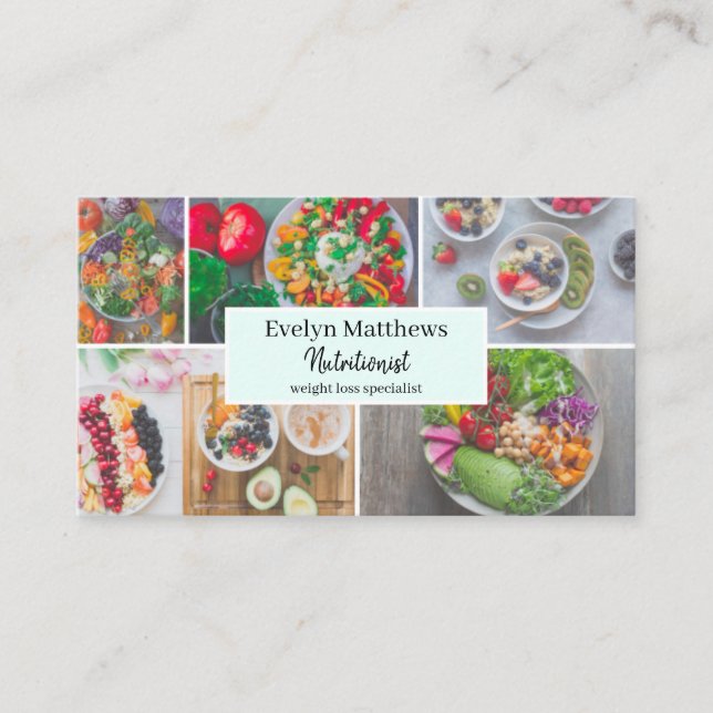Dietitian nutritionist photo grid collage teal business card (Front)