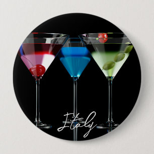 Different cocktails in martini glasses on black 10 cm round badge