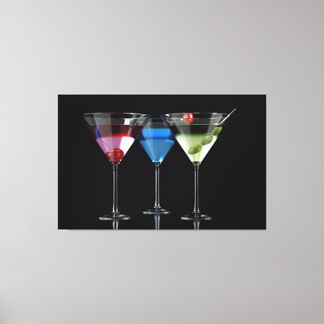 Different cocktails in martini glasses on black canvas print (Front)
