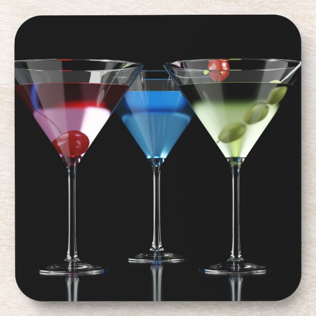 Different cocktails in martini glasses on black coaster (Front)