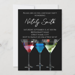 Different cocktails in martini glasses on black invitation