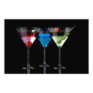Different cocktails in martini glasses on black photo print