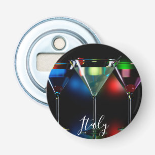 Different cocktails in martini glasses with lights bottle opener