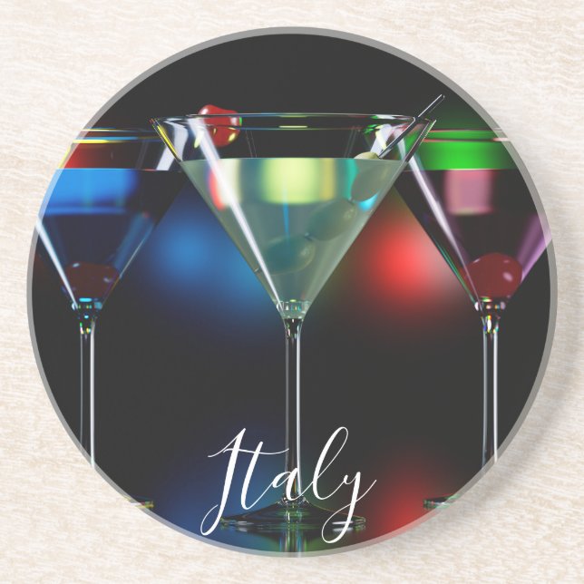 Different cocktails in martini glasses with lights coaster (Front)
