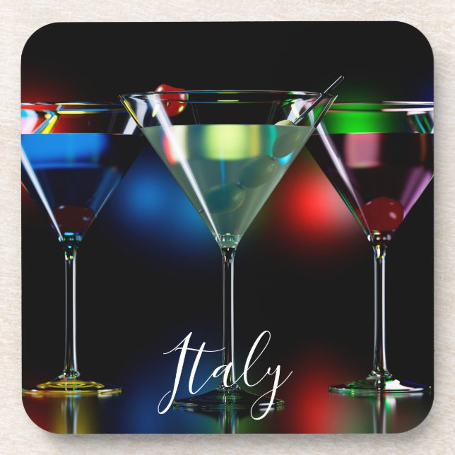 Different cocktails in martini glasses with lights coaster (Front)