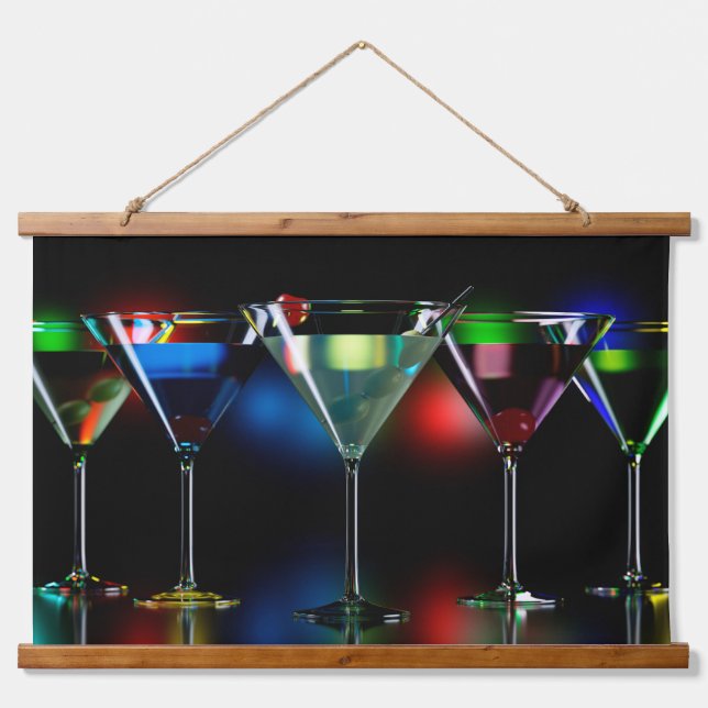Different cocktails in martini glasses with lights hanging tapestry (Front)
