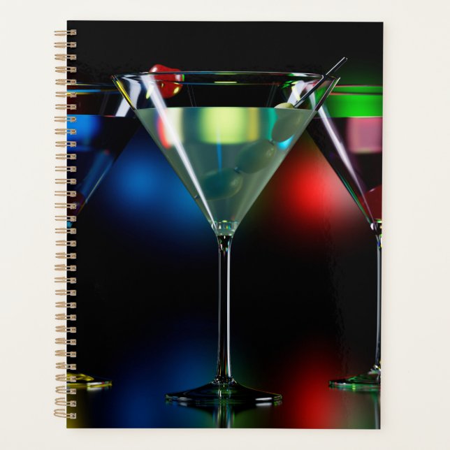 Different cocktails in martini glasses with lights planner (Front)