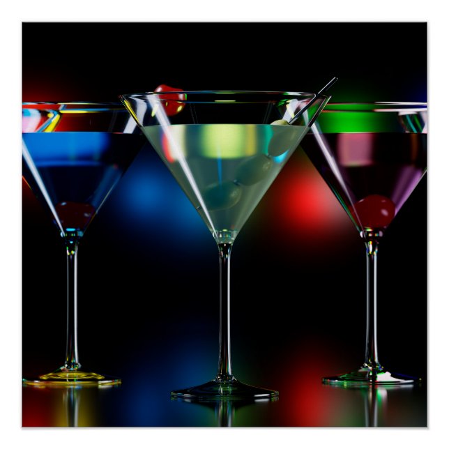 Different cocktails in martini glasses with lights poster (Front)