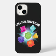 different dice and the quote "Roll for adventure"