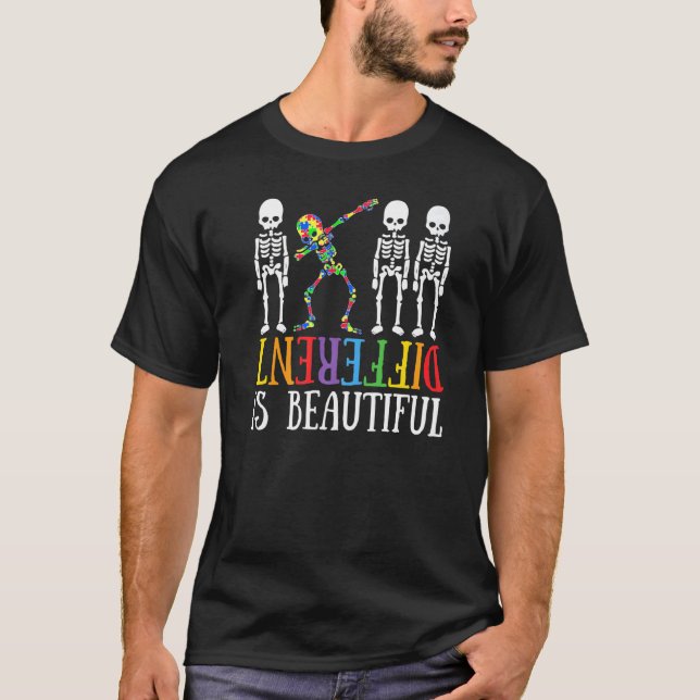 Different Is Beautiful Dabbing Skeleton Autism Awa T-Shirt (Front)