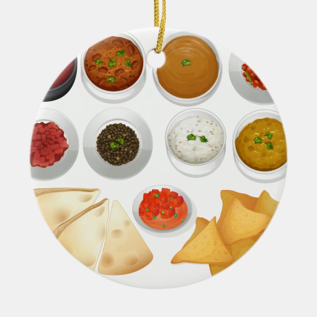Different kind of chips and dips ceramic tree decoration (Front)
