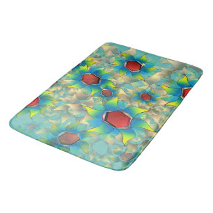 Different virtual flowers, bluish petals upon teal bath mat