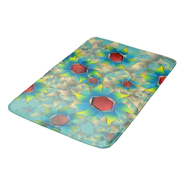 Different virtual flowers, bluish petals upon teal bath mat (Angled)