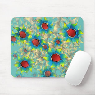 Different virtual flowers, bluish petals upon teal mouse pad