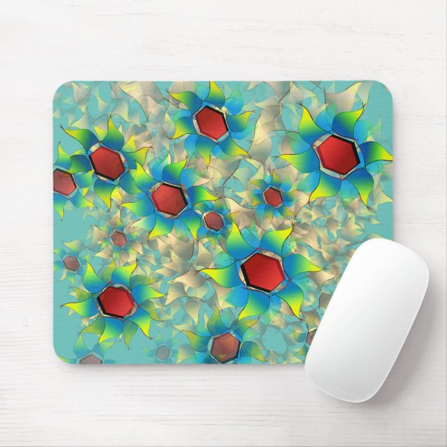 Different virtual flowers, bluish petals upon teal mouse pad (With Mouse)
