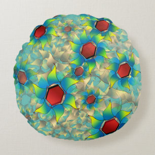 Different virtual flowers, bluish petals upon teal round cushion