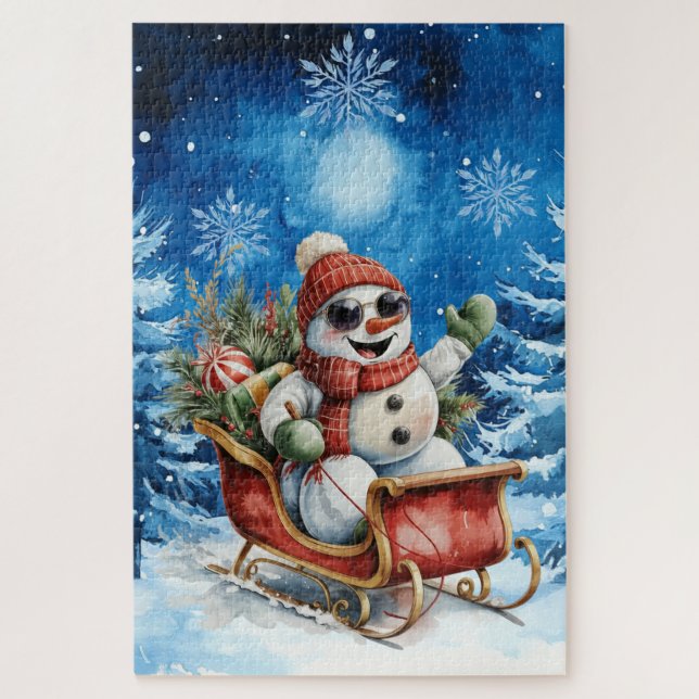 Difficult Blue Winter Christmas Snowman Jigsaw Puzzle (Vertical)