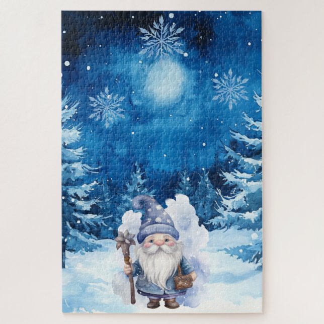 Difficult Blue Winter Christmas Village & Gnome  Jigsaw Puzzle (Vertical)