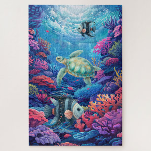 Difficult Sea Turtle Watercolor Coral Reef Ocean Jigsaw Puzzle