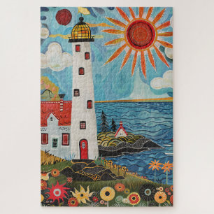 Difficult Whimsical Floral Light House Jigsaw Puzzle