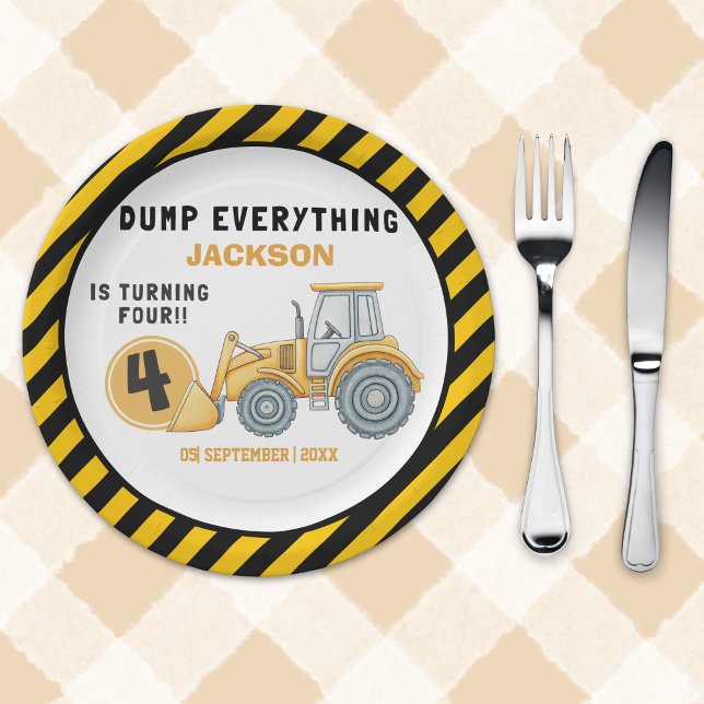 "Dig In! Construction Truck Party for 4th Birthday Paper Plate (Creator Uploaded)