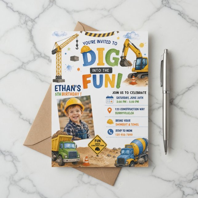 Dig Into The Fun Construction Photo Birthday  Invitation (Creator Uploaded)