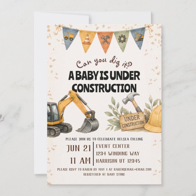 Dig It Under Construction Baby Shower Invitation (Front)