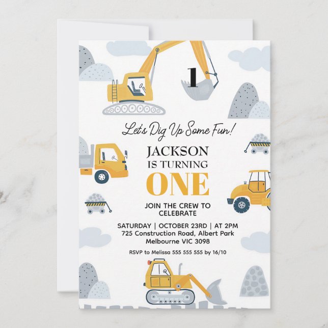 Dig Up Some Fun Construction 1st Birthday Invitation (Front)