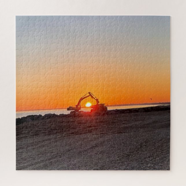 Digger and Lorry Framing setting sun by the sea  Jigsaw Puzzle (Vertical)