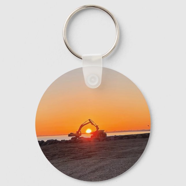 Digger and Lorry Framing setting sun by the sea  Key Ring (Front)