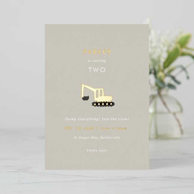 Digger Construction Party Foil Birthday Invite (Standing Front)