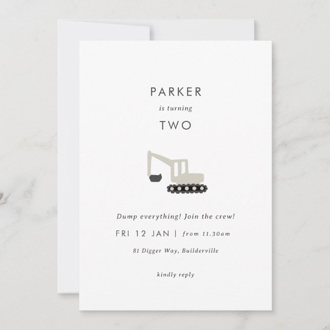 Digger Construction Party Minimal Birthday Invite (Front)
