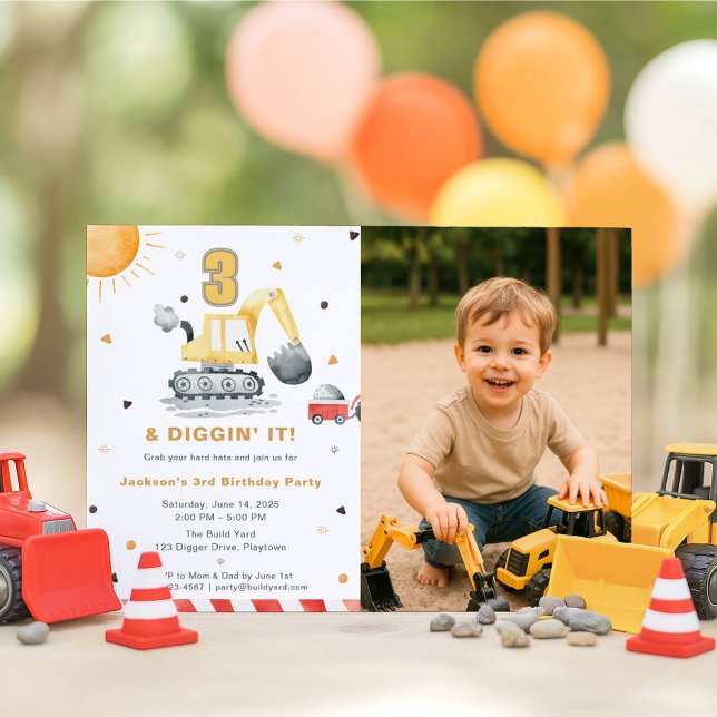 Digger Truck Construction 3rd Birthday Party Photo Invitation (Creator Uploaded)