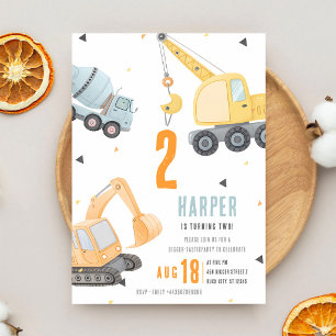 Diggers and Dump Trucks 2nd Birthday Invitation