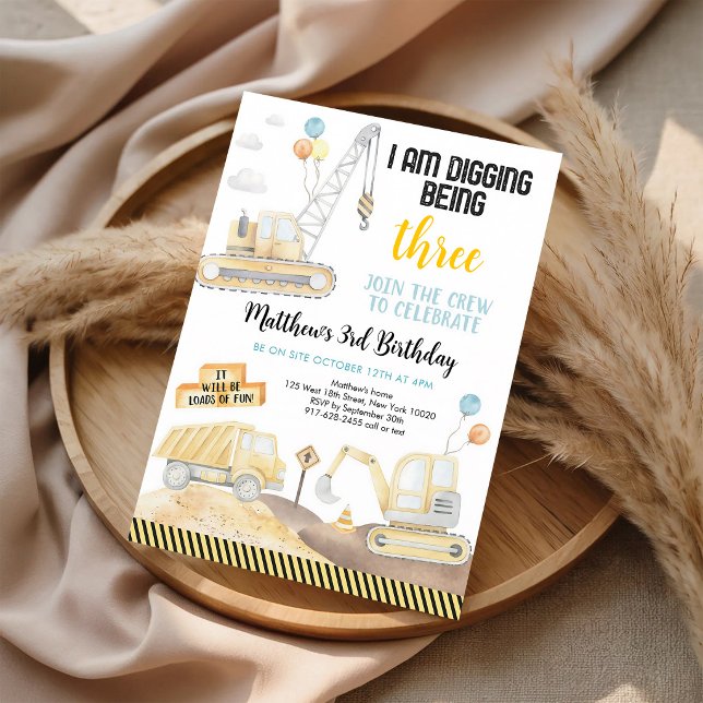 Digging Being Three Construction Truck Birthday Invitation (Creator Uploaded)
