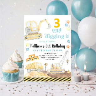 Digging It Construction Trucks Birthday Invitation
