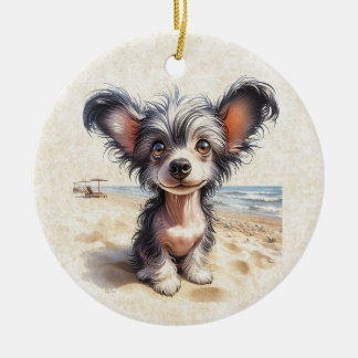 DigiPups Chinese Crested Puppy Dog Beach Scene Ceramic Tree Decoration