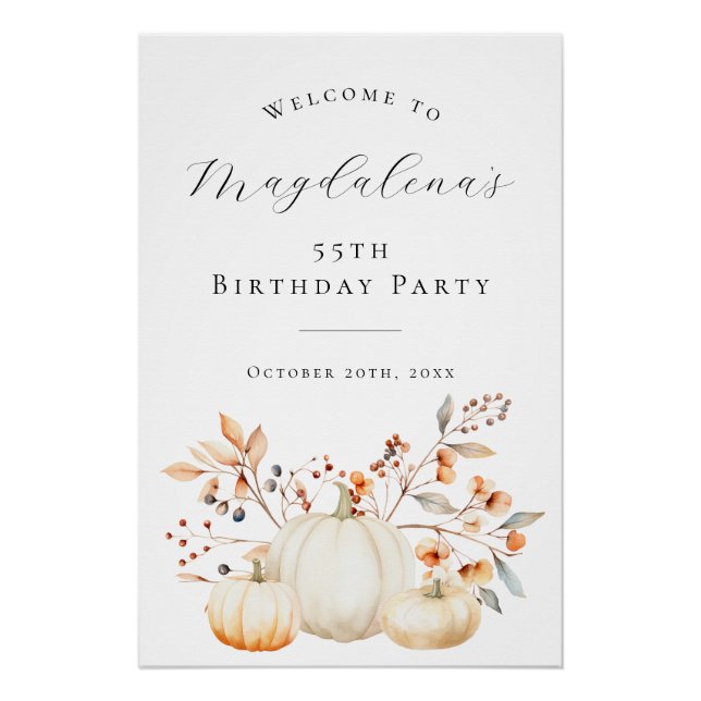 DIGITAL 55th Birthday Pumpkin Fall Leaves Welcome Poster (Front)