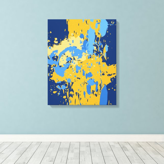 Digital Abstract Blue & Yellow Paint Splatter Canvas Print (Insitu(Wood Floor))