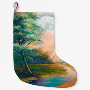 Digital art painting landscape, river in the sprin small christmas stocking
