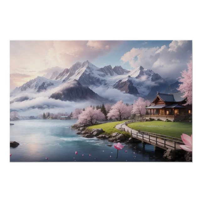 Digital Art Pink Sakura Tree with Mountain View Poster (Front)