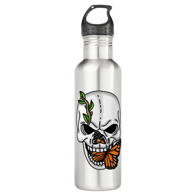 Digital Art Skull and Monarch Butterfly 710 Ml Water Bottle (Front)