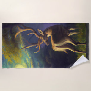 Digital Art Vintage Look Stag Deer Edge of Forest  Beach Towel