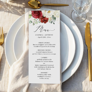 (Digital Avail) Red White Floral Wedding Menu Card