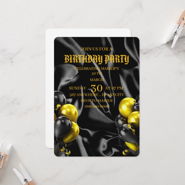 Digital Birthday Dinner Invitation Template, Black (Front/Back In Situ)