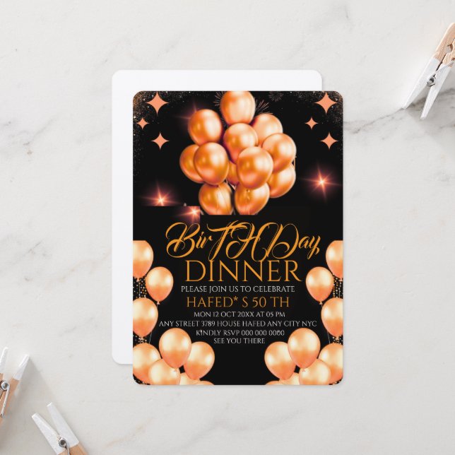 Digital Birthday Dinner Invitation Template, Black (Front/Back In Situ)